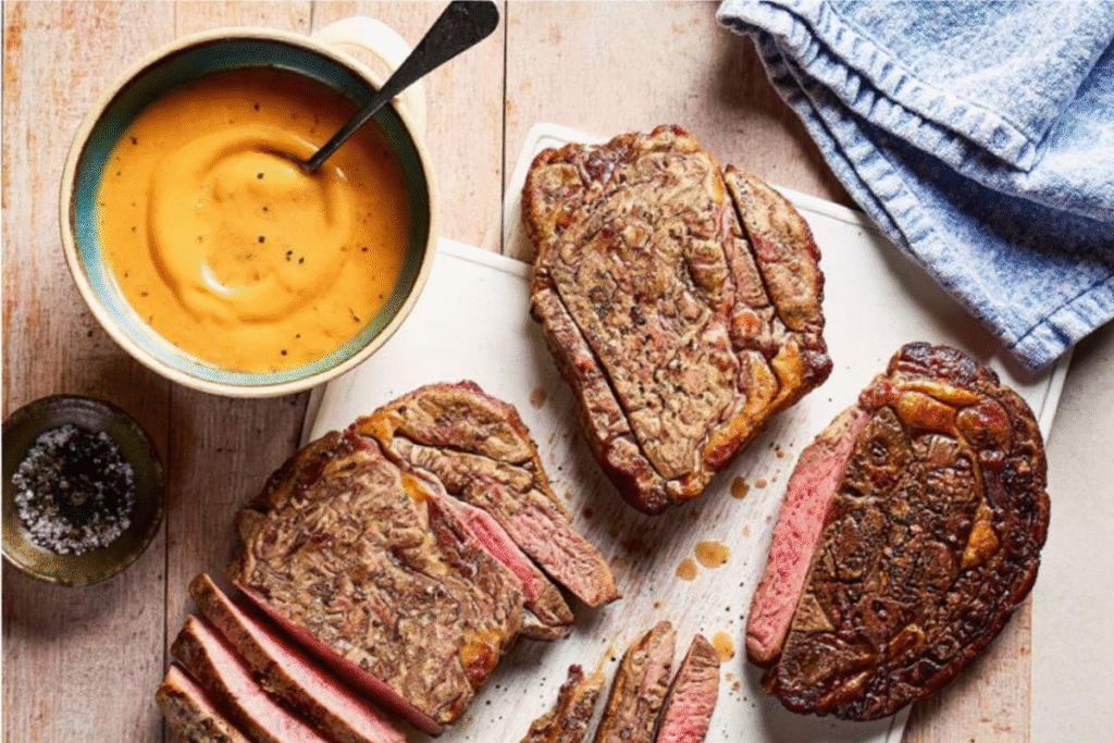 Juicy air fryer steak sliced and served on a board with dipping sauce.