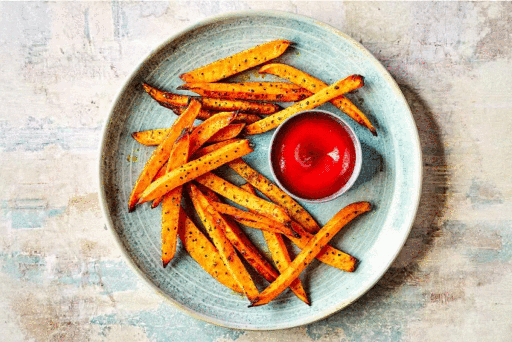 Crispy sweet potato fries served with ketchup on a light blue plate.