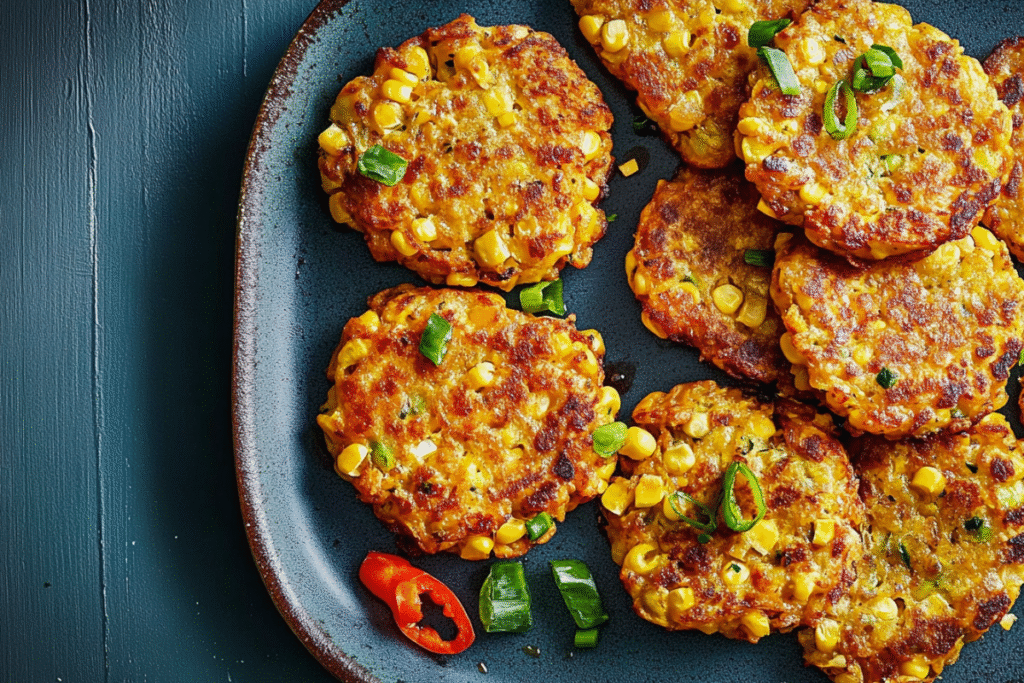 Crispy golden air fryer sweetcorn fritters served on a blue plate with green onions and red chili.