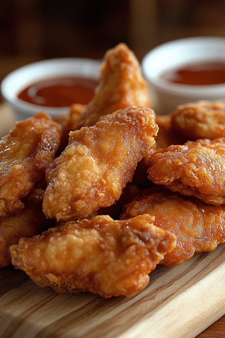 Crispy Crown Fried Chicken wings served with dipping sauce on a wooden platter.