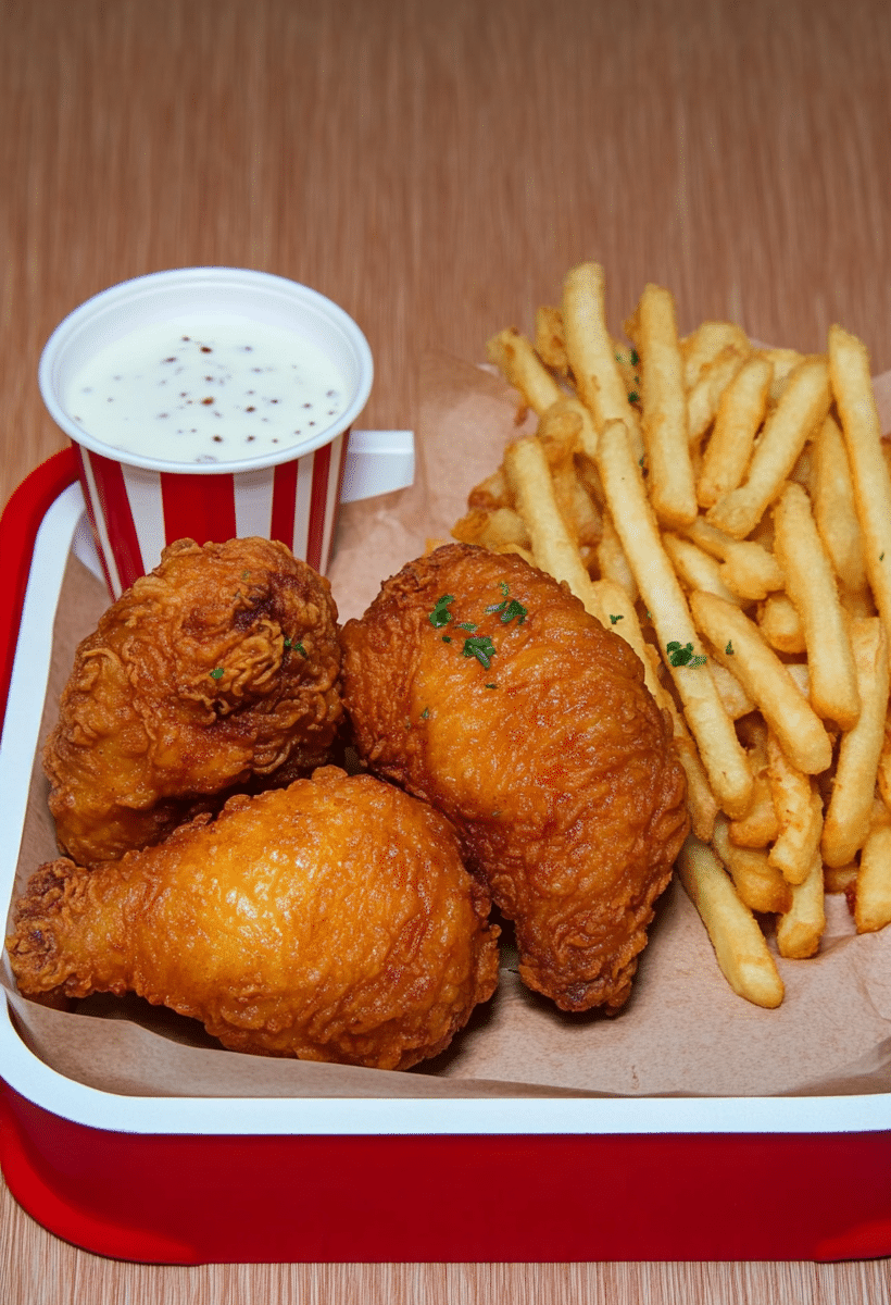 A red tray with crispy fried chicken drumsticks and a box of golden French fries.