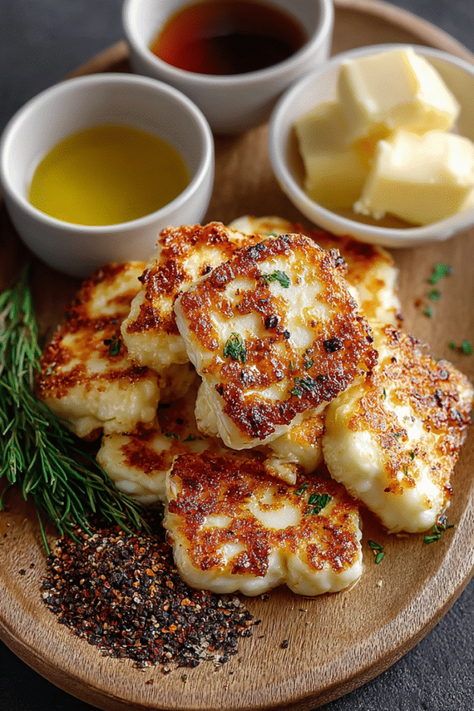 Air Fryer halloumi ingredient slices on a wooden board with butter, olive oil, balsamic, herbs, and cracked pepper.
