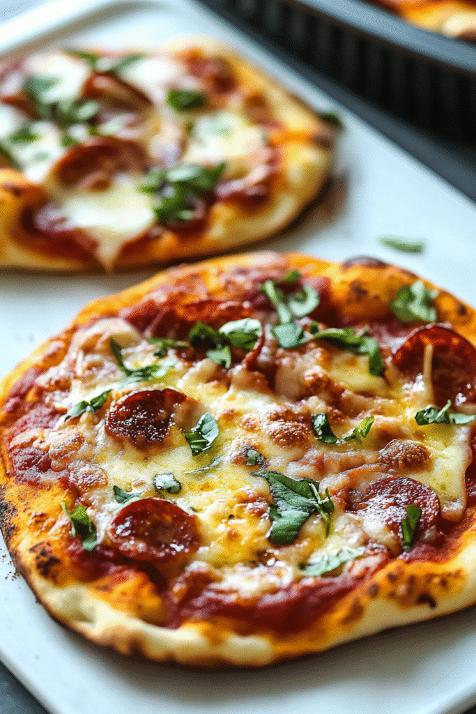 Close-up of a baked pepperoni Mini Naan Air Fryer Pizza with fresh basil on top.