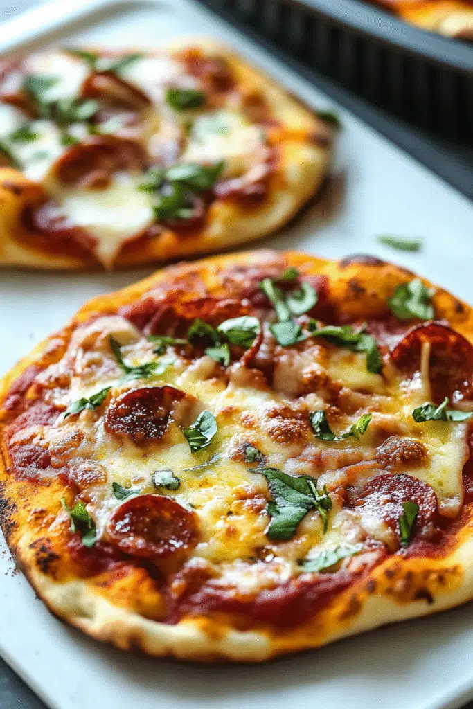 Close-up of a baked pepperoni Mini Naan Air Fryer Pizza with fresh basil on top.
