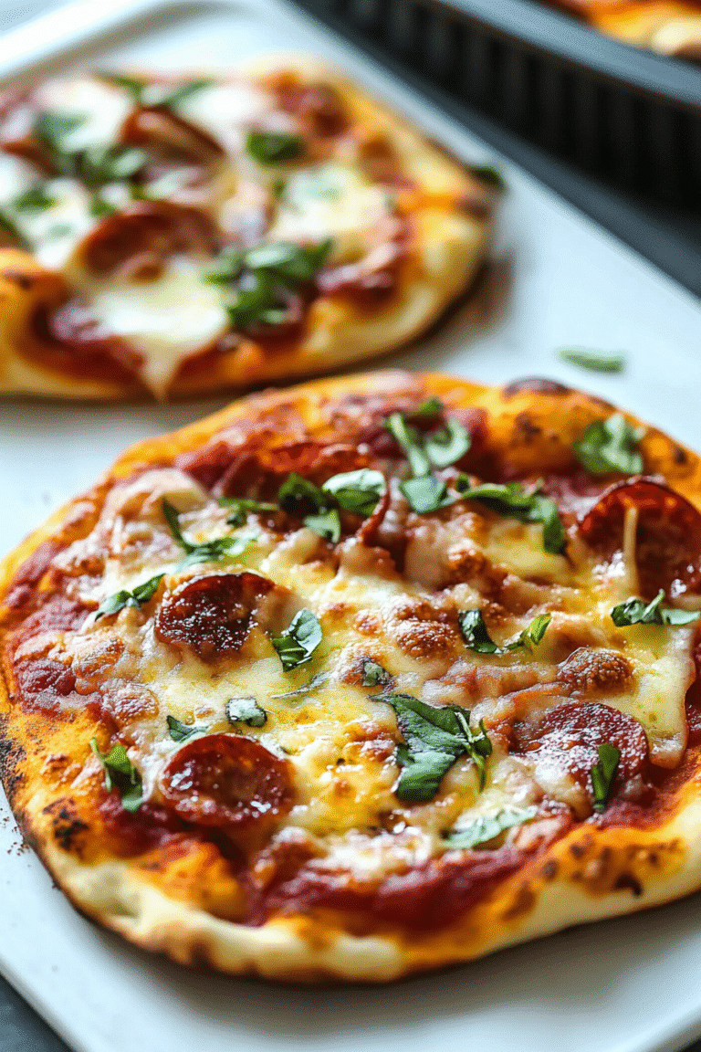 Close-up of a baked pepperoni Mini Naan Air Fryer Pizza with fresh basil on top.