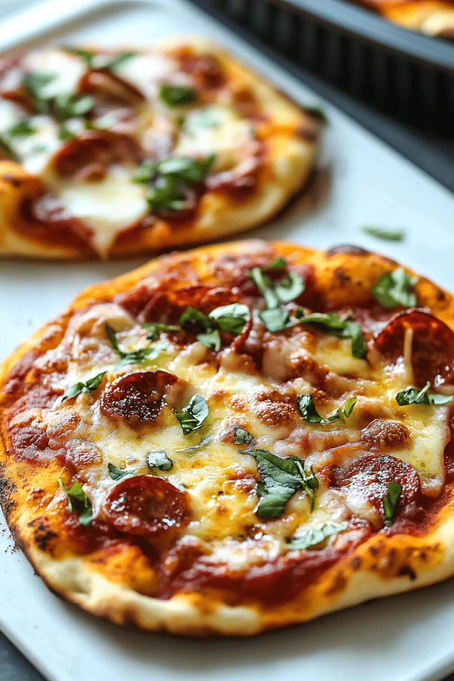 Close-up of a baked pepperoni Mini Naan Air Fryer Pizza with fresh basil on top.