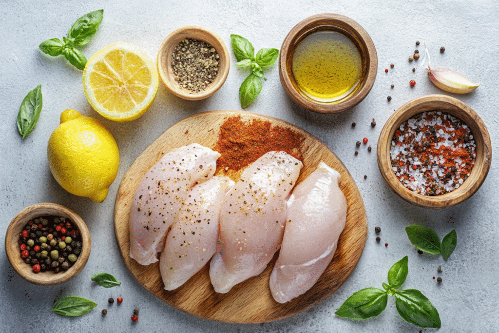 Ingredients for quick chicken dinner for one on countertop