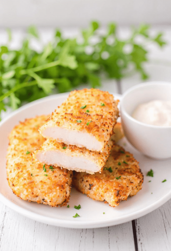 Sliced ranch air fryer chicken breast with crispy breadcrumb coating