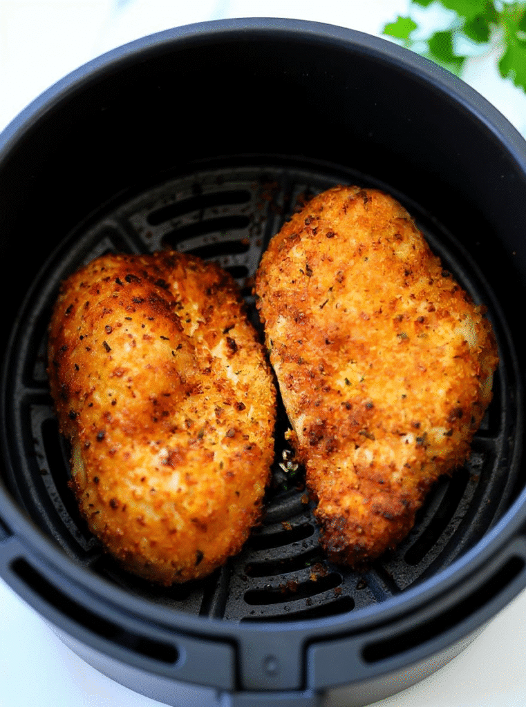 Two ranch chicken in air fryer breasts cooking in air fryer basket