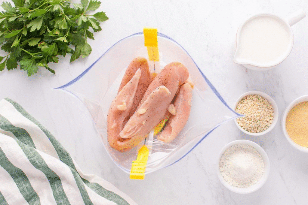 Raw chicken breasts with garlic and pepper in a zip-top bag
