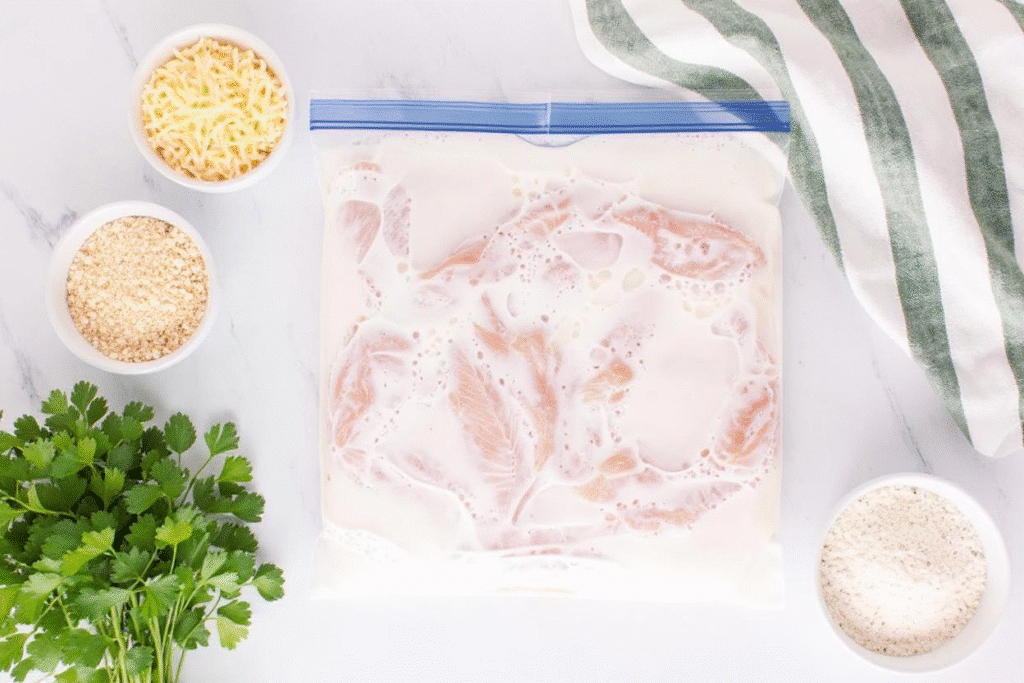 Chicken marinating in buttermilk inside a sealed bag