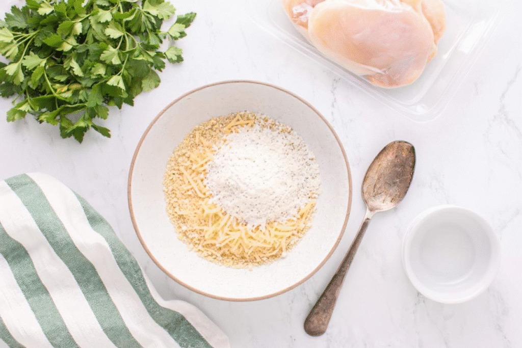 Mixing ranch seasoning, cheese, and breadcrumbs in a bowl ,chicken including cheese