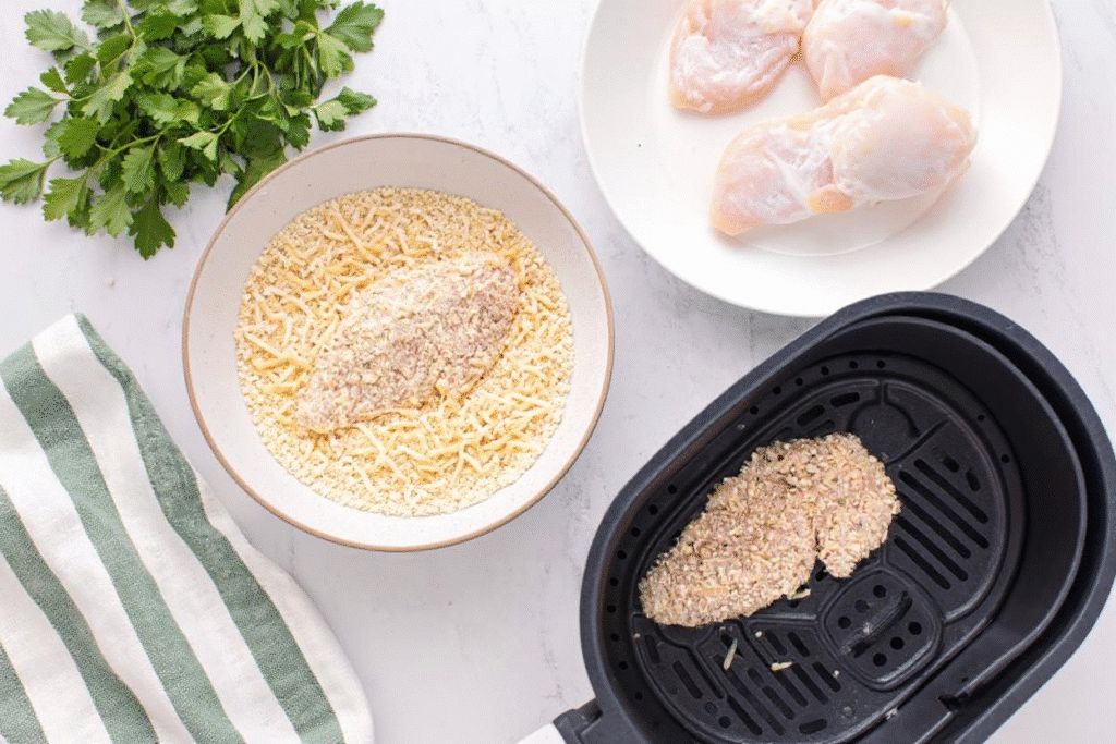 Coating chicken in ranch breading before air frying