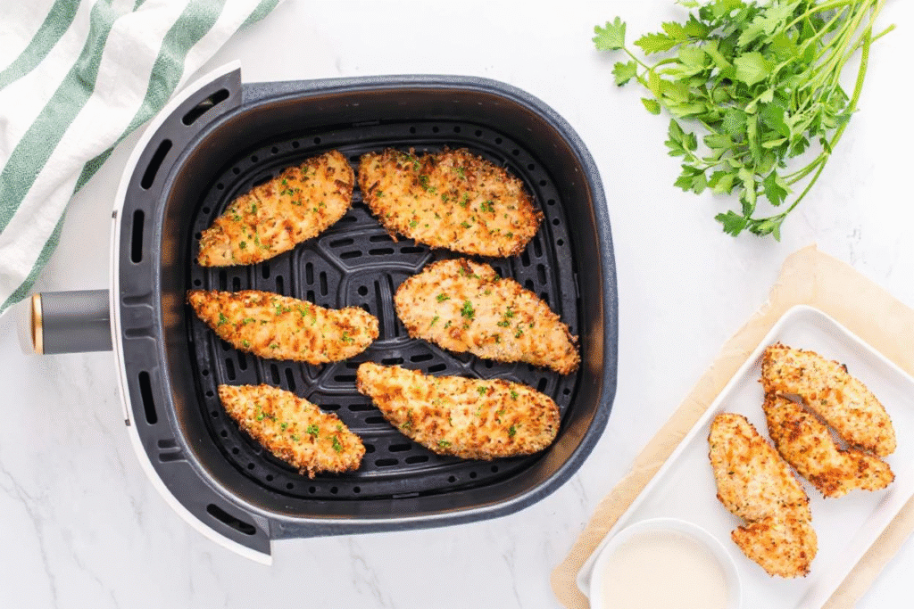 Fully cooked ranch air fryer chicken tenders in basket and on plate