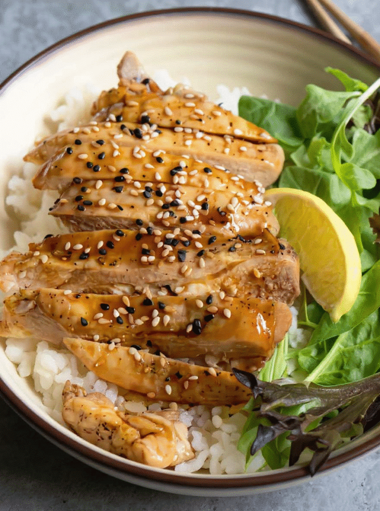 teriyaki chicken air fryer served with rice, lemon, and fresh salad
