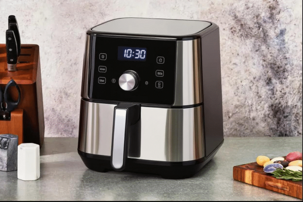 Modern stainless steel air fryer with digital display on a kitchen counter next to knives and vegetables.
