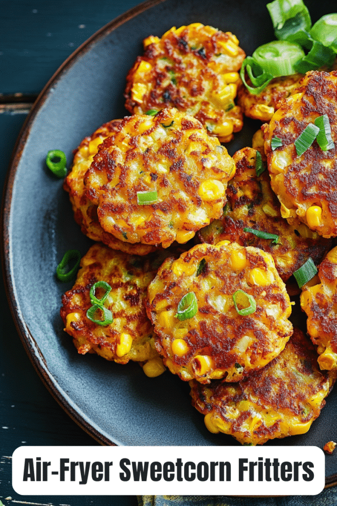 Golden brown Air Fryer Sweetcorn Fritters garnished with green onions, served on a dark plate.