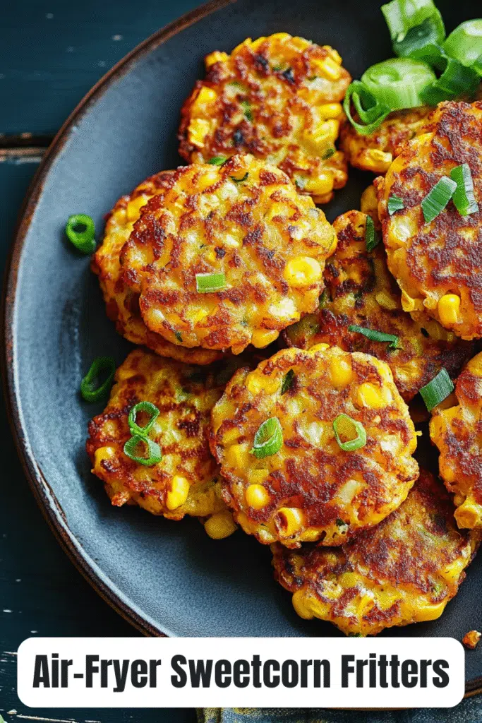 Golden brown Air Fryer Sweetcorn Fritters garnished with green onions, served on a dark plate.