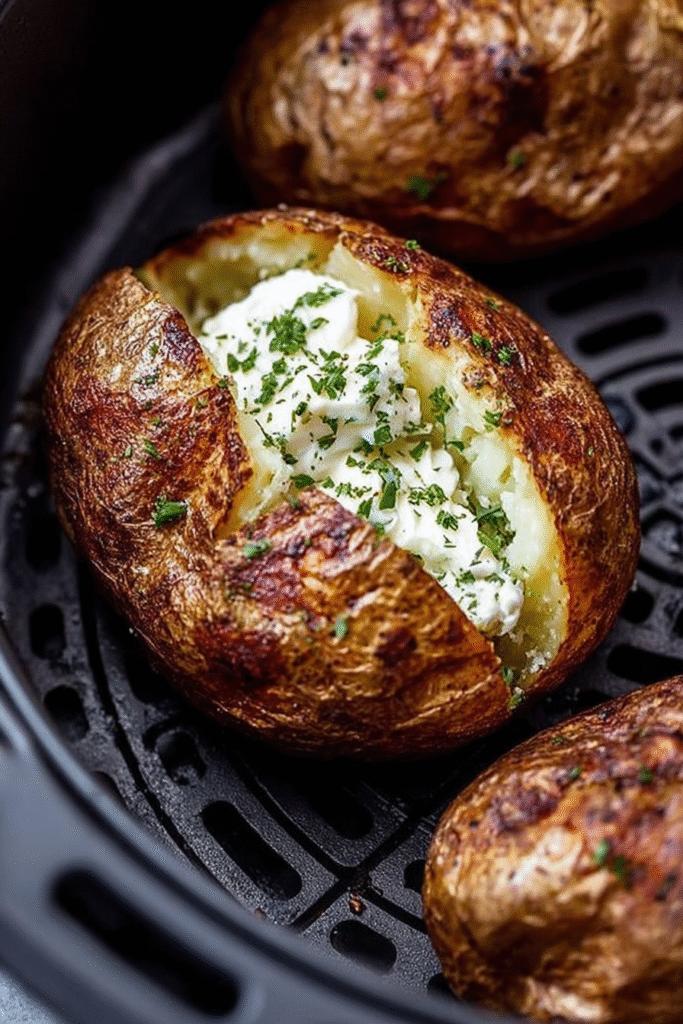 Air fryer baked potato topped with sour cream and chopped parsley inside the air fryer basket