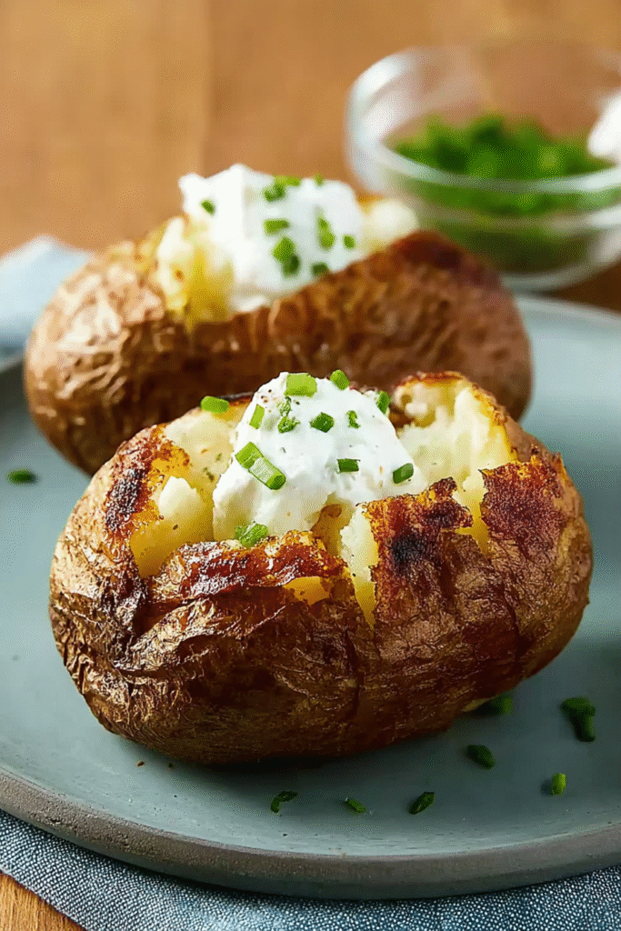 Crispy air fryer baked potatoes served with sour cream and chopped chives on a plate