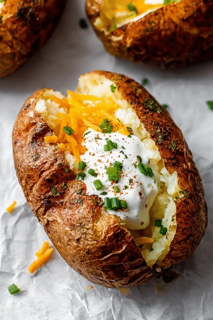 Crispy Air Fryer Baked Potatoes topped with shredded cheddar cheese, sour cream, and chopped chives