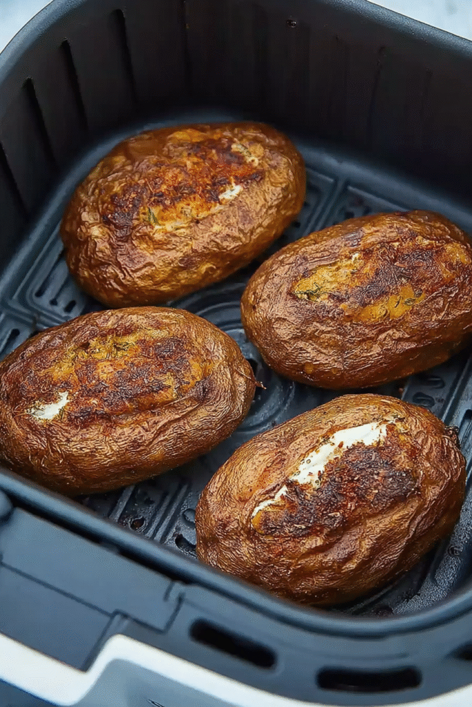 Four whole baked potatoes cooking in an air fryer basket with crispy seasoned skins