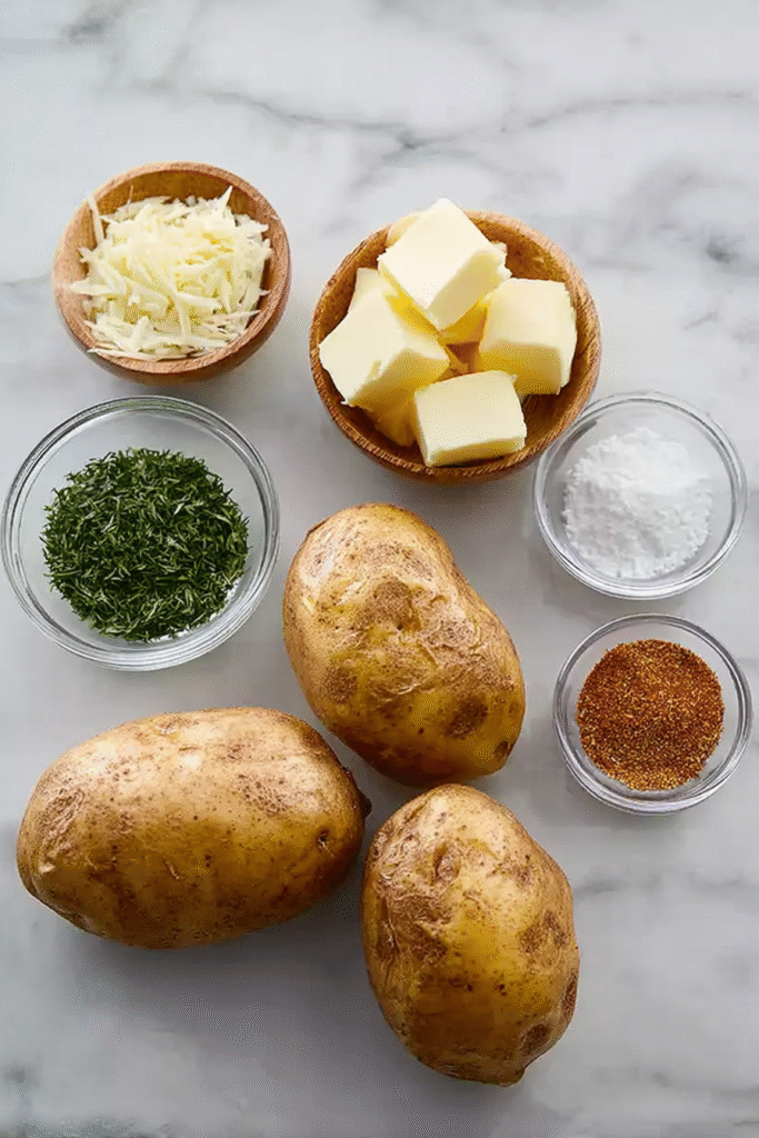 Raw baking potatoes with butter, shredded cheese, herbs, and seasoning in bowls on a marble surface