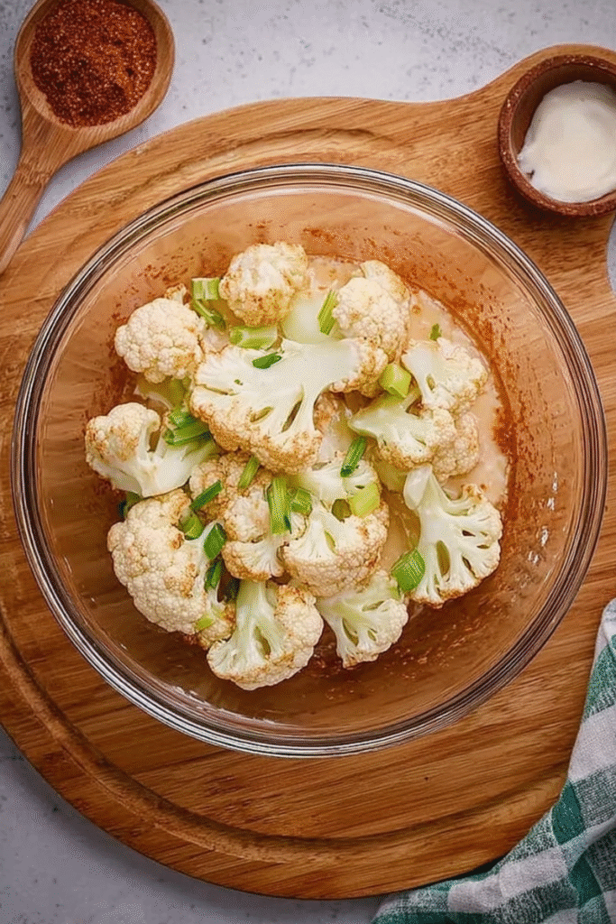 Plate of buffalo cauliflower wings served with ranch and celery sticks.