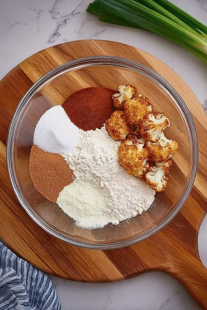 A mixing bowl with dry ingredients and roasted cauliflower pieces on a wooden board.