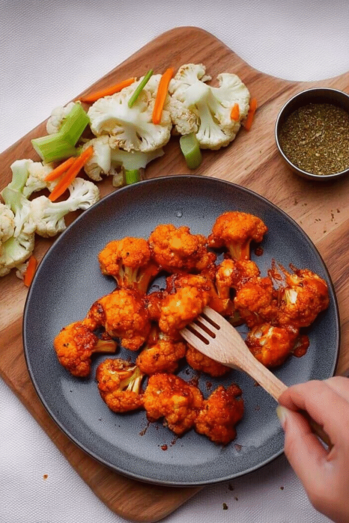 A plate of buffalo cauliflower bites with a fork, served with raw veggies on a board.