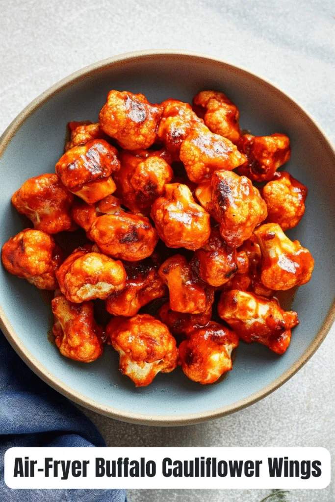 Bowl of crispy air fryer buffalo cauliflower wings coated in buffalo sauce