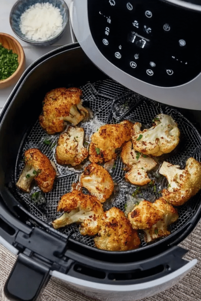 Golden roasted cauliflower florets inside an air fryer basket.