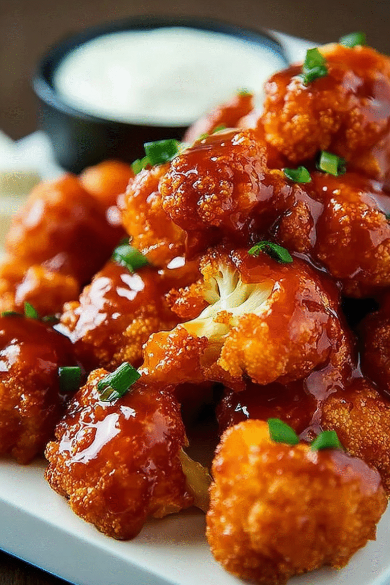 Close-up of saucy Air Fryer Buffalo Cauliflower Wings garnished with chives.