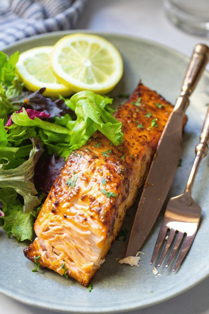 Air Fryer Honey Mustard Salmon served on a plate with salad, lemon, and a fork.