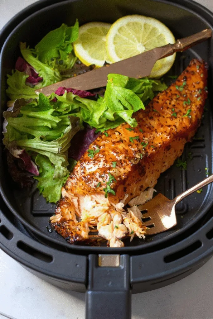 Cooked honey mustard salmon in an air fryer basket served with fresh greens and lemon slices.