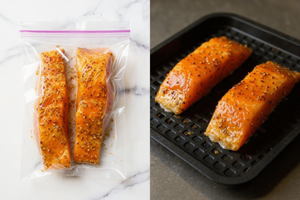 Raw honey mustard-marinated salmon fillets in a plastic bag and on an air fryer tray.