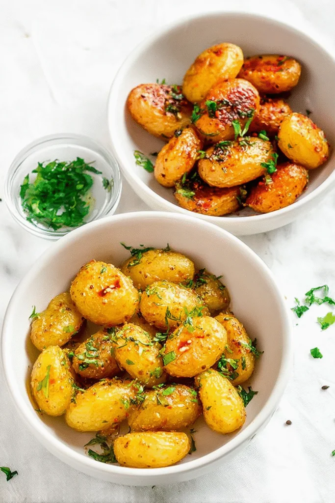 Close-up of crispy air fryer roasted canned potatoes with golden crust and green onions.