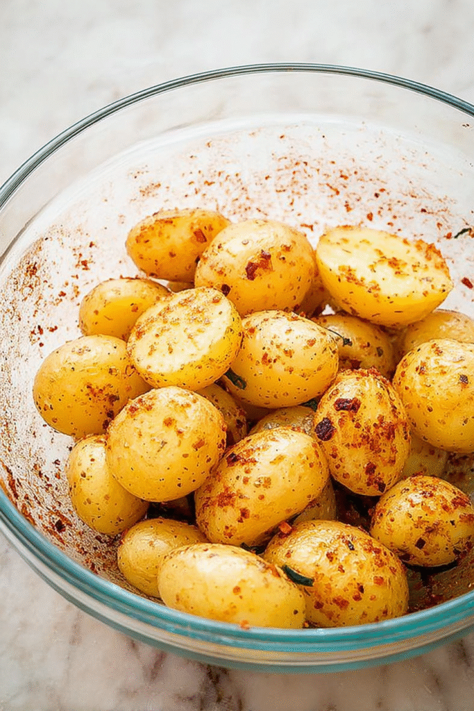 Air Fryer Roasted Canned Potatoes tossed in oil and spices in a glass bowl, ready for the air fryer.