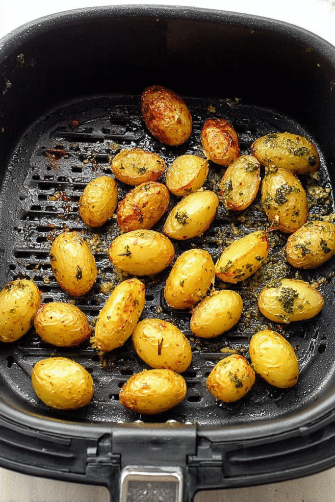 Canned baby potatoes roasting inside an air fryer basket with seasoning and herbs.