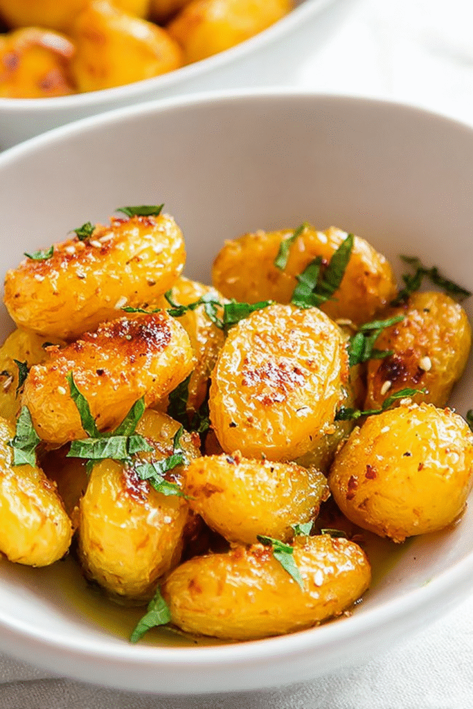 Golden air fryer roasted canned potatoes garnished with fresh herbs in a white bowl.