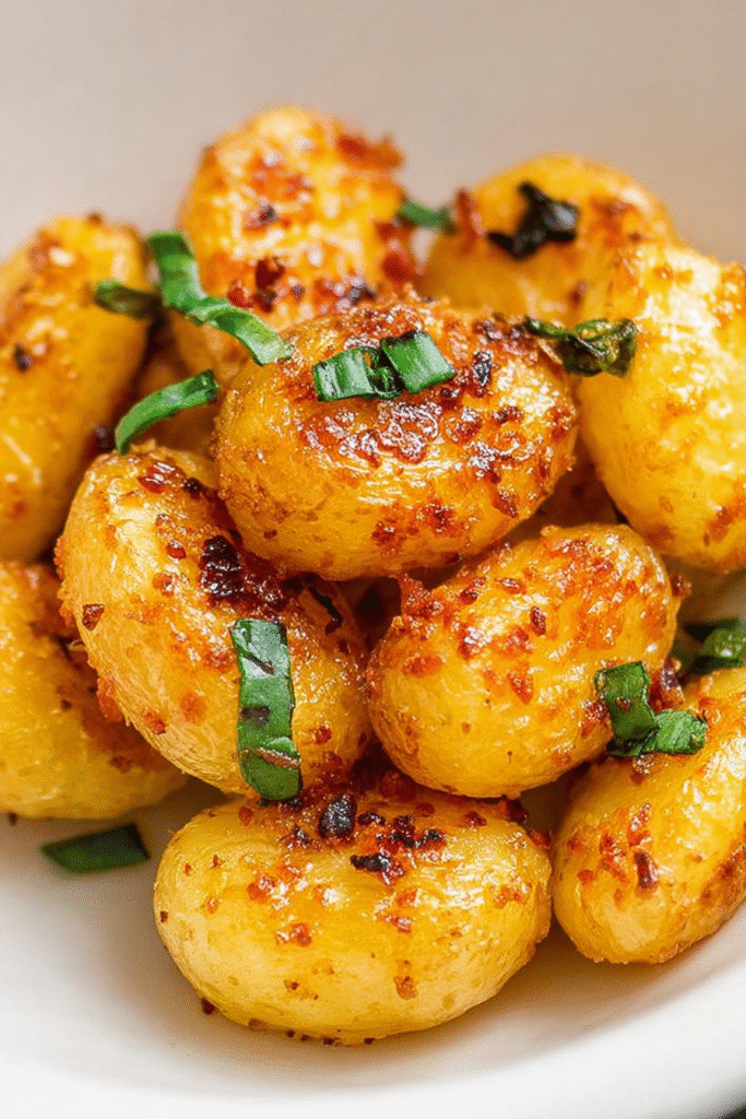 Close-up of crispy air fryer roasted canned potatoes with golden crust and green onions.