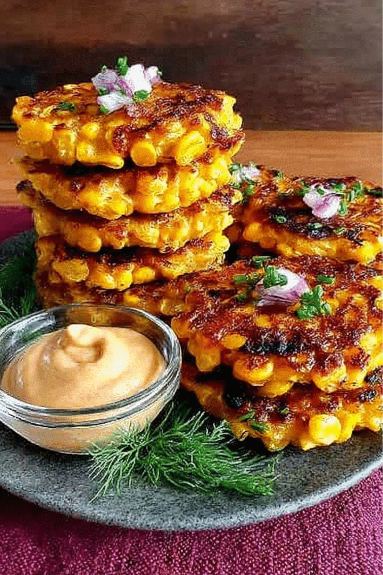 Stacked sweetcorn fritters topped with herbs and onions, served with creamy dipping sauce.