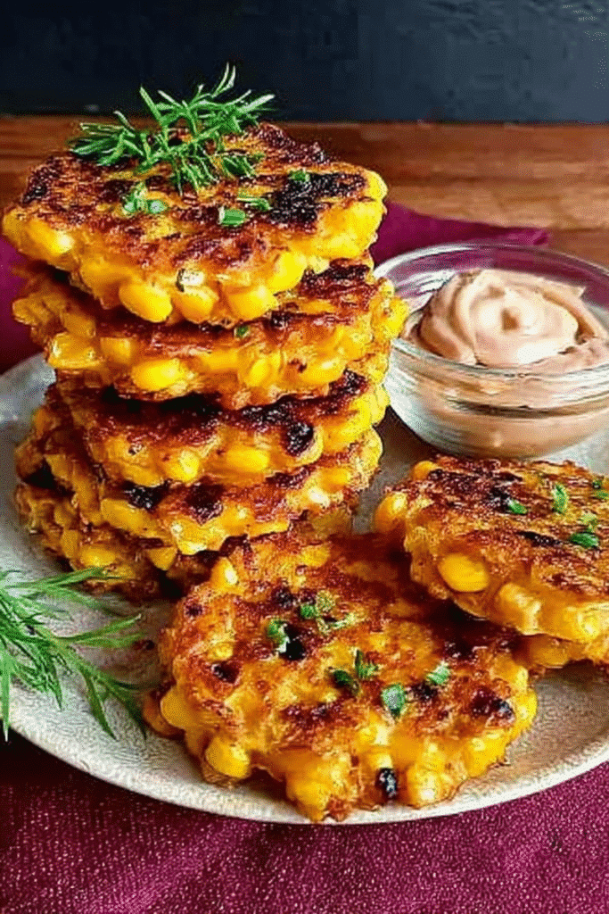 Golden fritters stacked high and topped with herbs, next to a dish of dipping sauce.