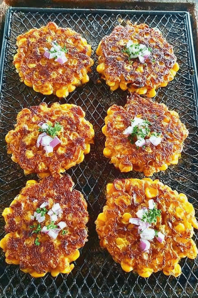 Six sweetcorn fritters air frying in a basket, topped with chopped onions and herbs.