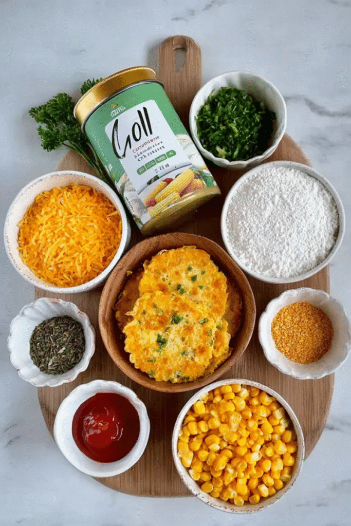 Ingredients for sweetcorn fritters including canned corn, cheese, flour, herbs, and cooked fritters on a wooden board.