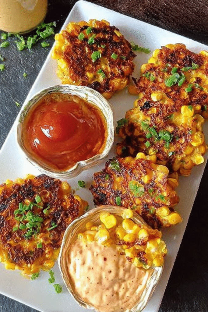 Crispy air-fried corn fritters served with ketchup and creamy dipping sauce.