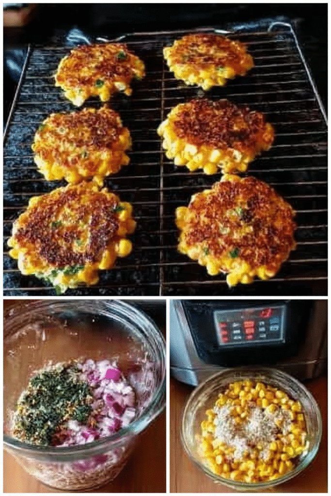 Uncooked corn fritters on a wire rack and mixing bowls showing ingredients like corn, red onions, and herbs.