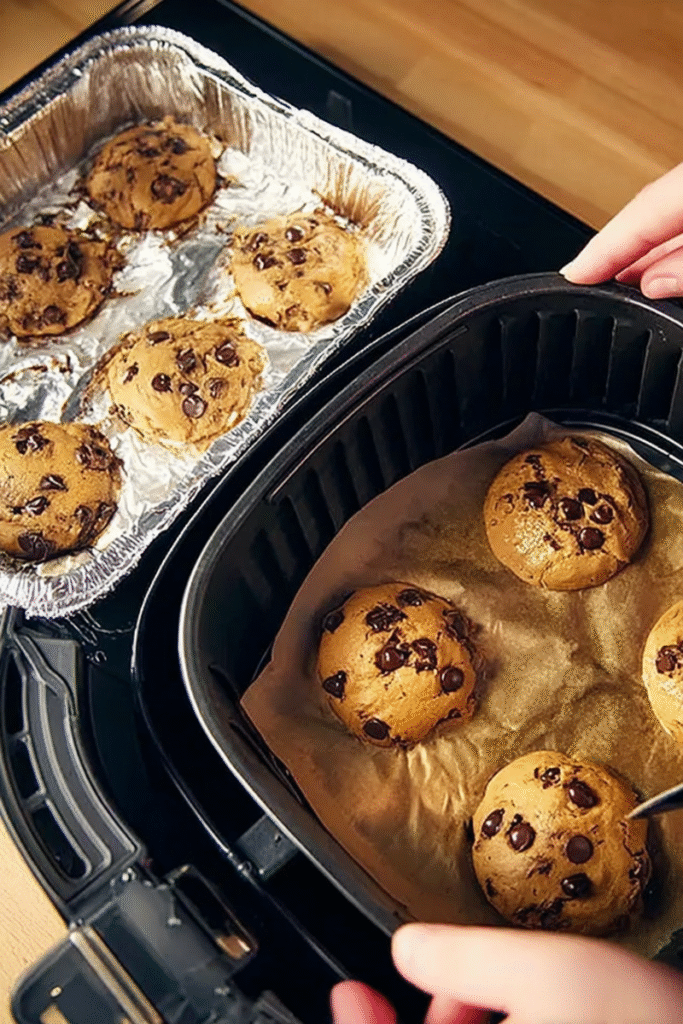 Chocolate chip cookie dough balls baking in an air fryer using foil and parchment.