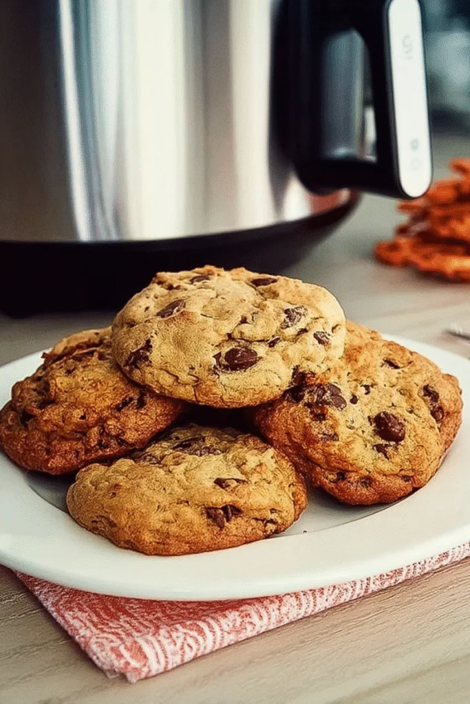 Freshly Baking Cookies in Air Fryer on a white plate with an air fryer in the background.
