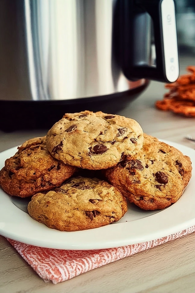 Freshly Baking Cookies in Air Fryer on a white plate with an air fryer in the background.